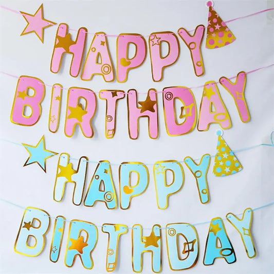 Creative Pink Blue Five Point Star Hat Happy Birthday Banner Children's Birthday Party Baby Shower Hanging Bunting DIY Decoration