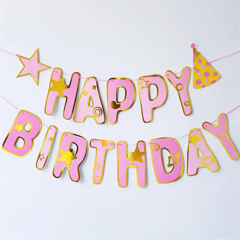 Creative Pink Blue Five Point Star Hat Happy Birthday Banner Children's Birthday Party Baby Shower Hanging Bunting DIY Decoration