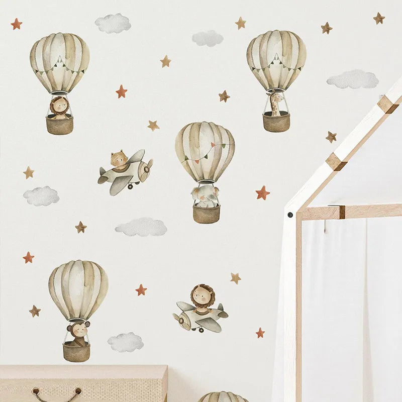 Nordic Cartoon Animals Wall Sticker for Kids Boys Girls Baby Room Decoration Nursery Wallpaper Elephant Giraffe Hot Air Balloon