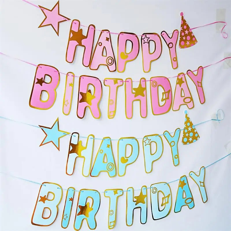 Creative Pink Blue Five Point Star Hat Happy Birthday Banner Children's Birthday Party Baby Shower Hanging Bunting DIY Decoration