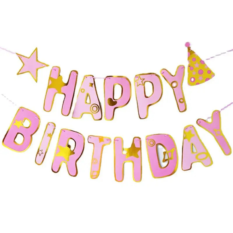 Creative Pink Blue Five Point Star Hat Happy Birthday Banner Children's Birthday Party Baby Shower Hanging Bunting DIY Decoration