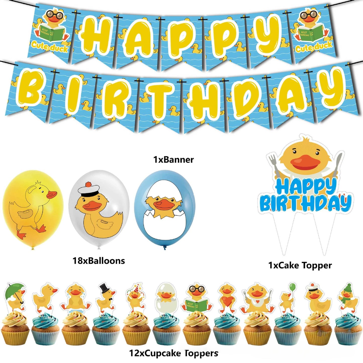 Yellow Duck Theme Birthday Decorations Set Cute Duck Balloon Cake Topper Birthday Banner Little Yellow Duck Birthday Party Decor