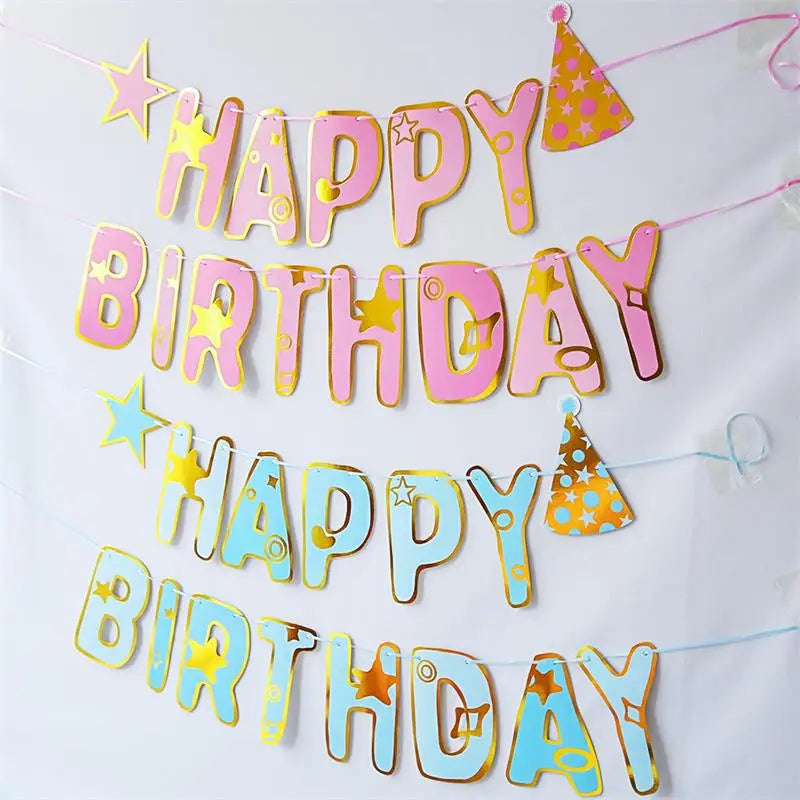 Creative Pink Blue Five Point Star Hat Happy Birthday Banner Children's Birthday Party Baby Shower Hanging Bunting DIY Decoration