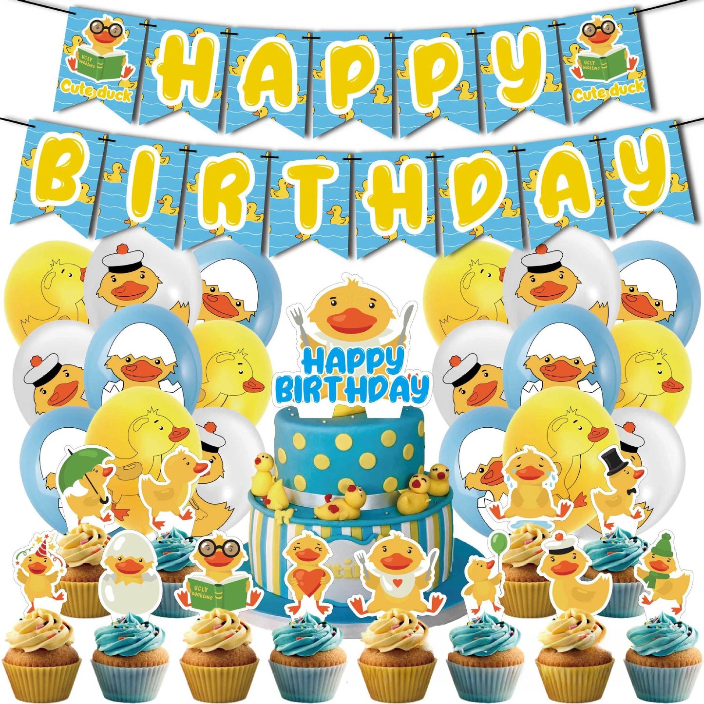 Yellow Duck Theme Birthday Decorations Set Cute Duck Balloon Cake Topper Birthday Banner Little Yellow Duck Birthday Party Decor