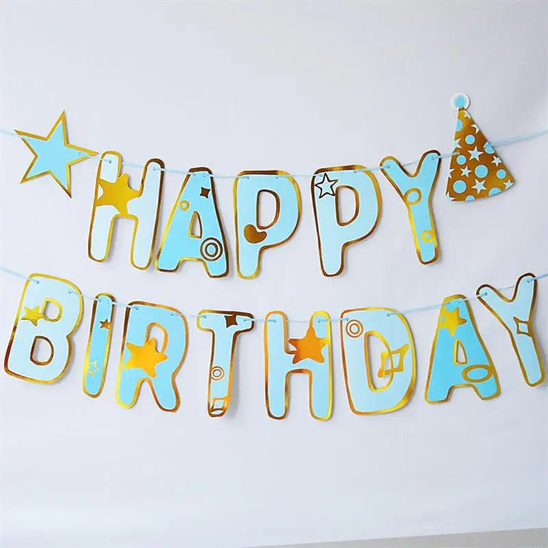 Creative Pink Blue Five Point Star Hat Happy Birthday Banner Children's Birthday Party Baby Shower Hanging Bunting DIY Decoration
