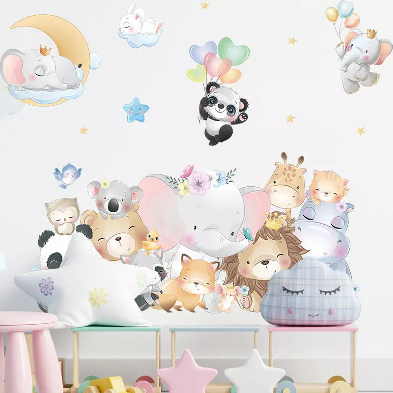 Nordic Cartoon Animals Wall Stickers for Children Kids Rooms Girls Boys Baby Room Decoration Wallpaper Elephant Panda Giraffe