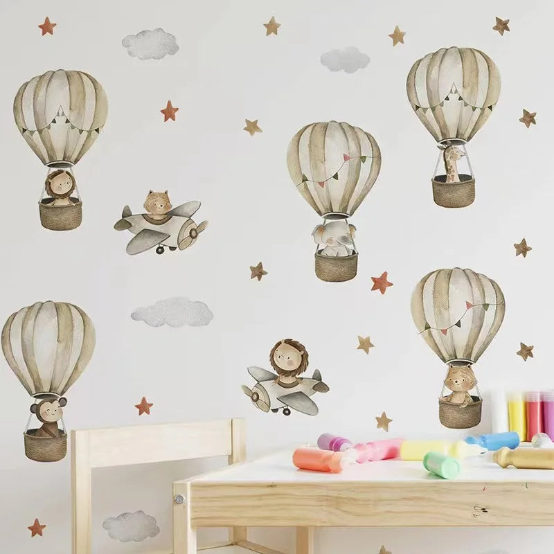 Nordic Cartoon Animals Wall Sticker for Kids Boys Girls Baby Room Decoration Nursery Wallpaper Elephant Giraffe Hot Air Balloon
