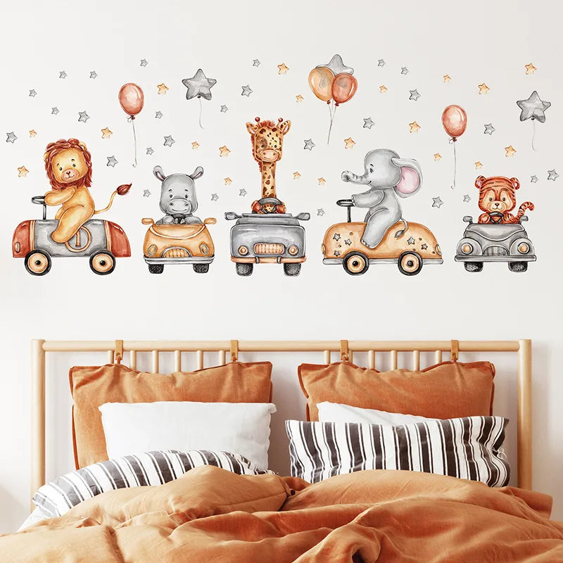 Nordic Cartoon Animals Wall Stickers for Kids Rooms Girls Boys Baby Room Decoration Giraffe Elephant Train Birds Star Wallpaper