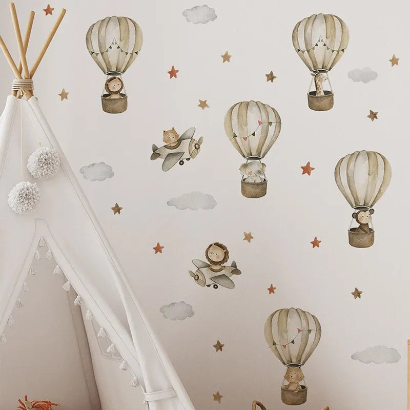 Nordic Cartoon Animals Wall Sticker for Kids Boys Girls Baby Room Decoration Nursery Wallpaper Elephant Giraffe Hot Air Balloon