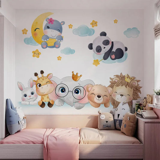 Nordic Cartoon Animals Wall Stickers for Children Kids Rooms Girls Boys Baby Room Decoration Wallpaper Elephant Panda Giraffe