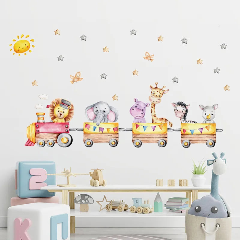 Nordic Cartoon Animals Wall Stickers for Kids Rooms Girls Boys Baby Room Decoration Giraffe Elephant Train Birds Star Wallpaper